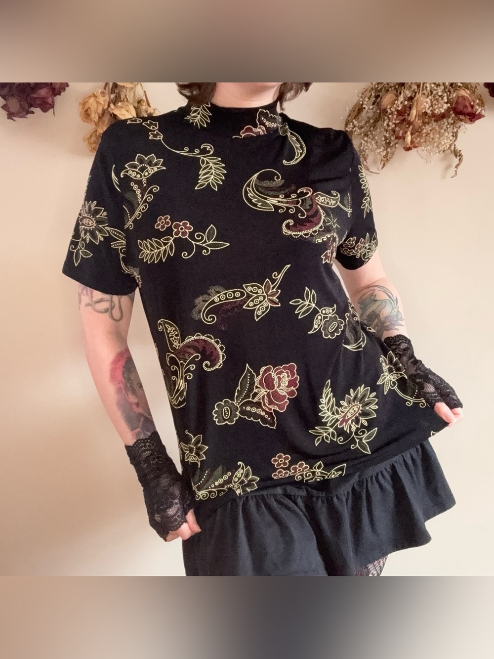 Whimsigoth Kathy Ireland Black Textured Floral Printed High Neck Top 🥀